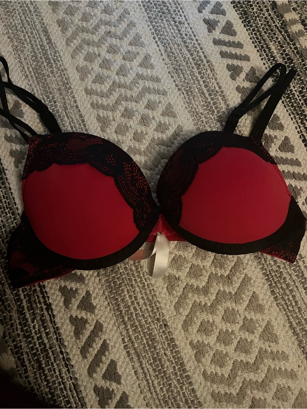 Ardene Red and Black Lace Push-Up Bra with Ribbon Detail